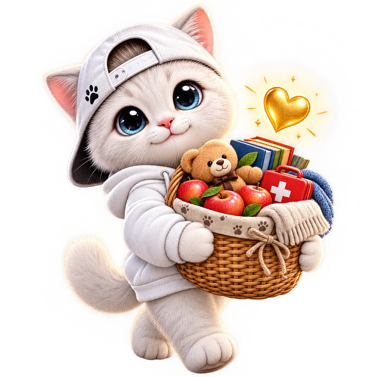 Innocent Cat carrying a basket of food, books, a teddy bear and a first-aid kit