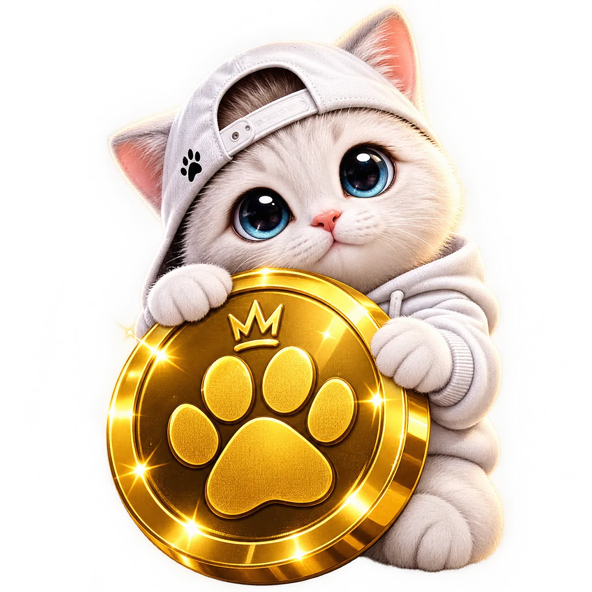 Innocent Cat hugging a giant gold paw-print coin