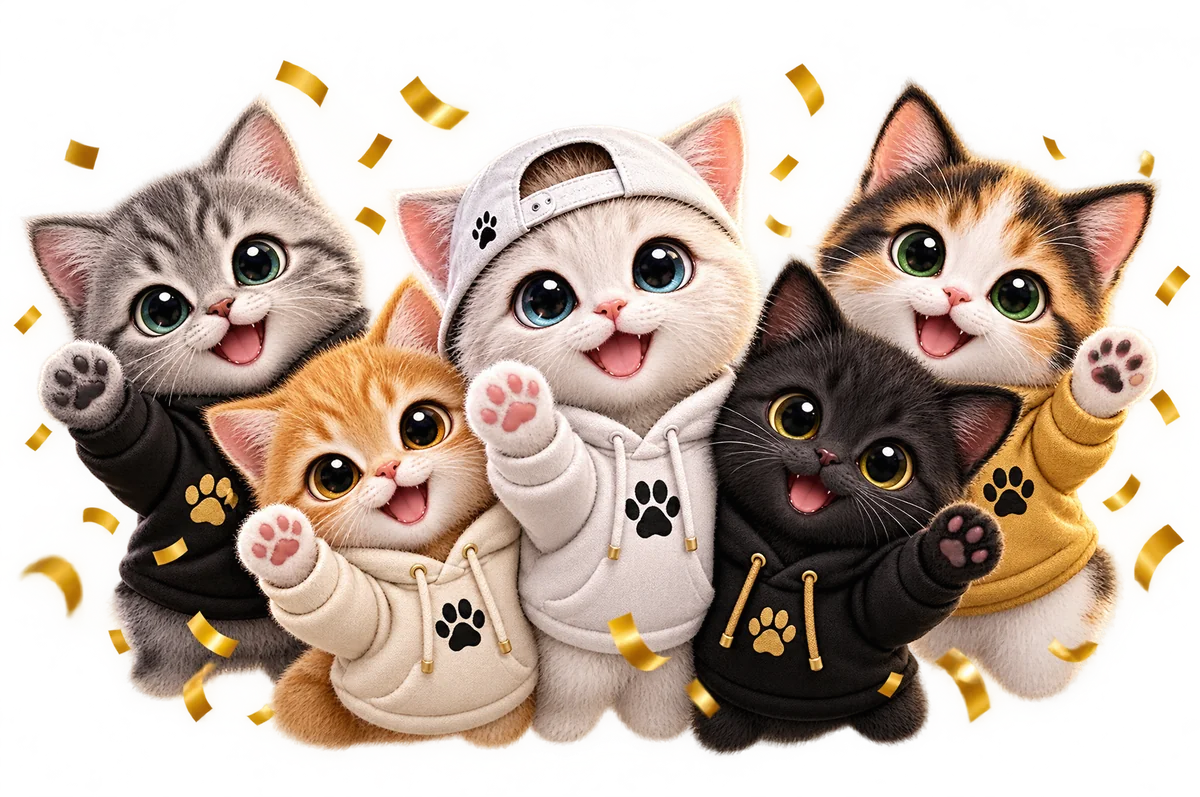 Five happy kittens in hoodies cheering together, with Innocent Cat in the middle