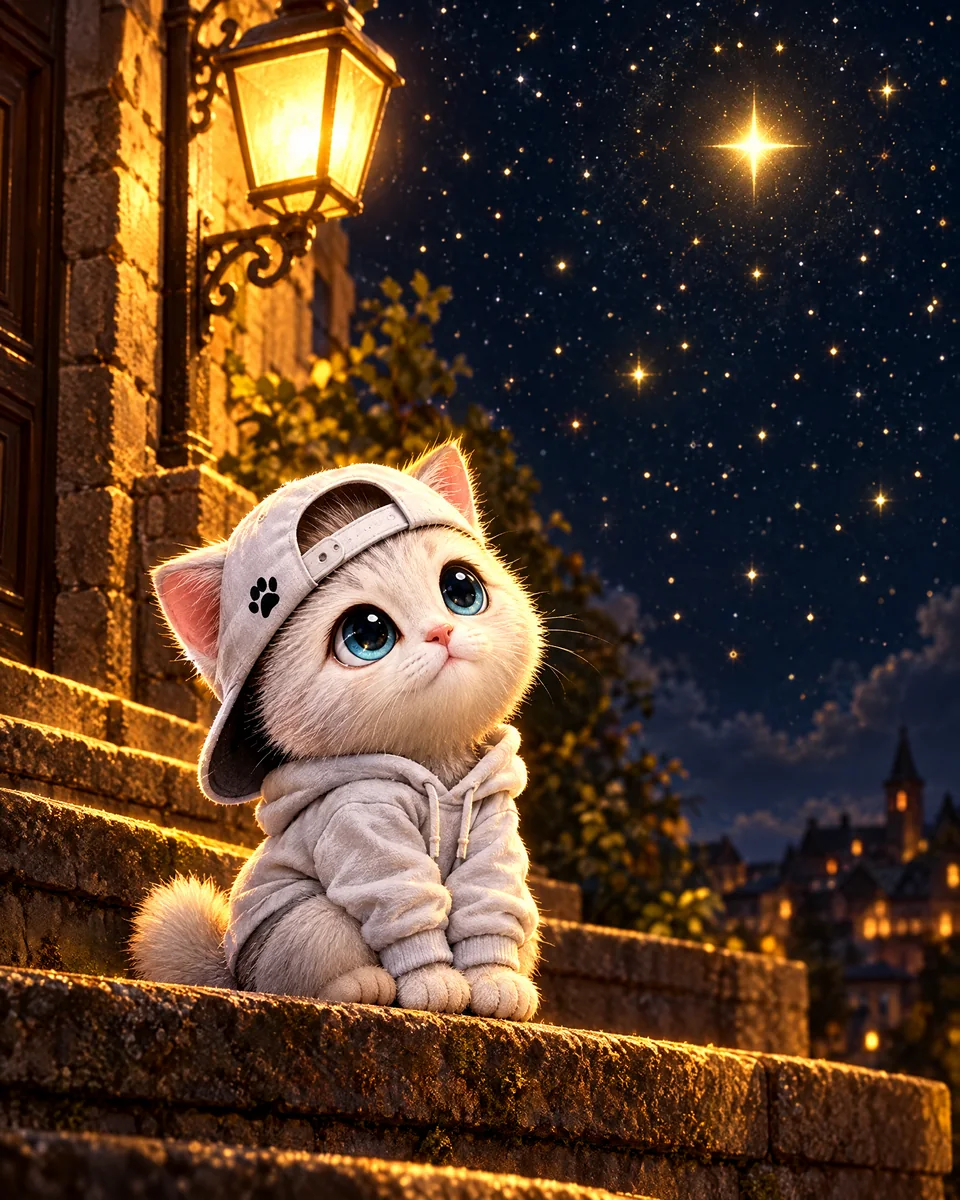 The kitten sitting alone on stone steps at night, looking up at a bright star